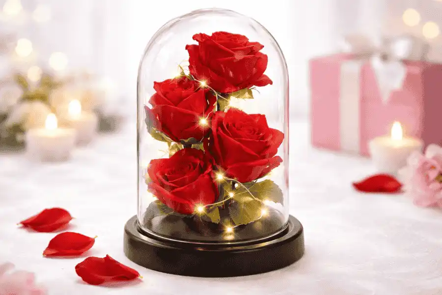 rose rosse di seta in vetro